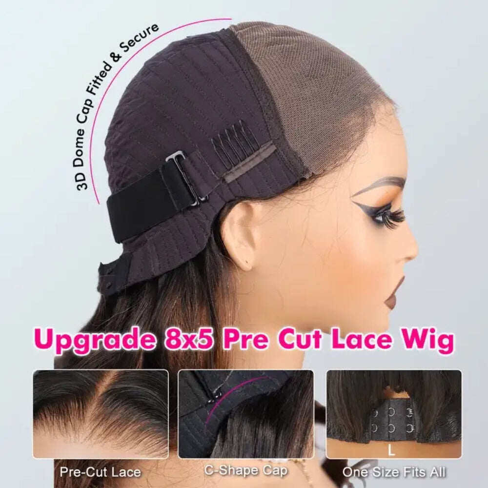Black Cherry Curtain Bangs Body Wave Human Hair 8x5 Pre Cut Lace Glueless HD Lace Wigs 180% Density