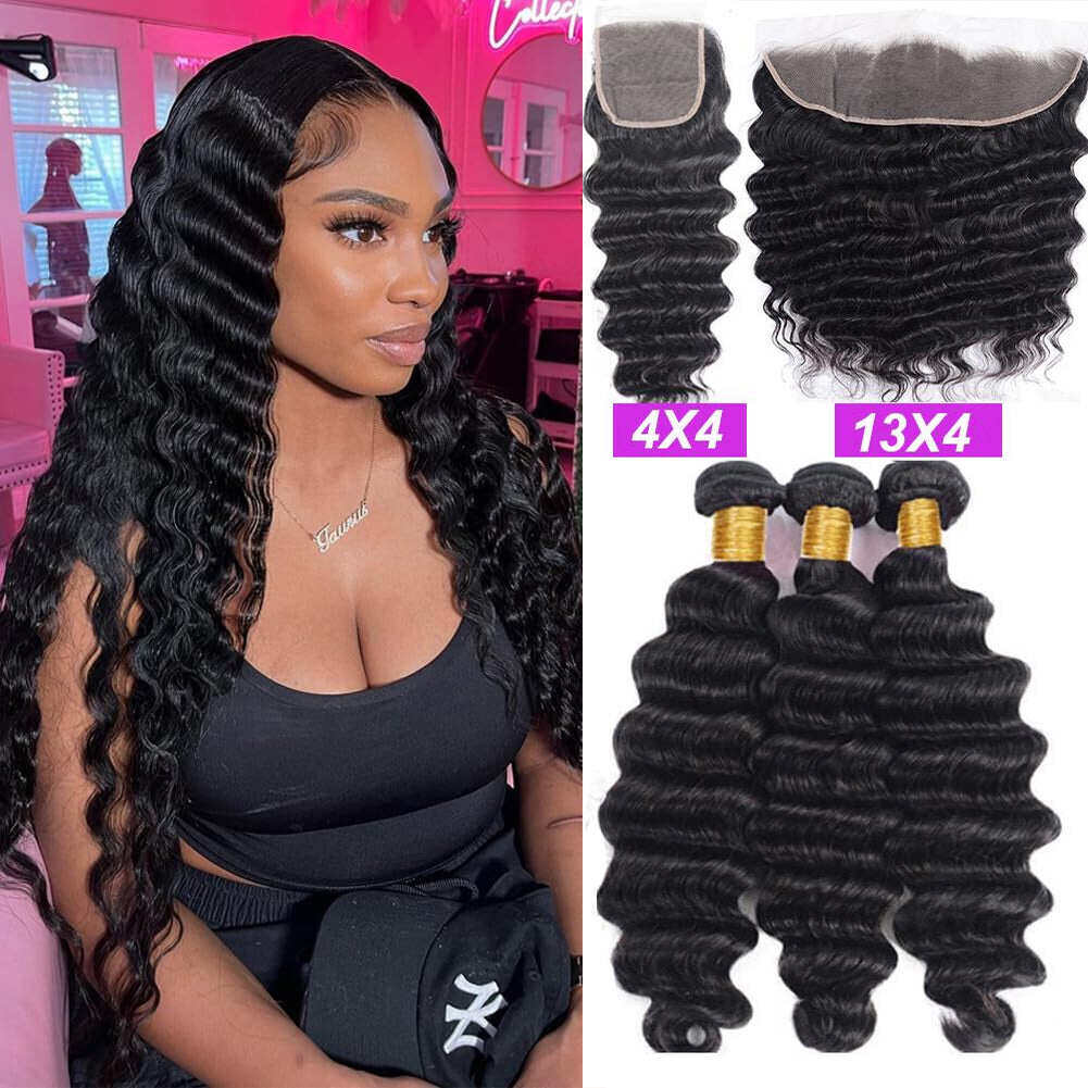 Loose Deep Wave 3 Bundles with 4x4 Closure / 13x4 Frontal 100% Human Hair extension