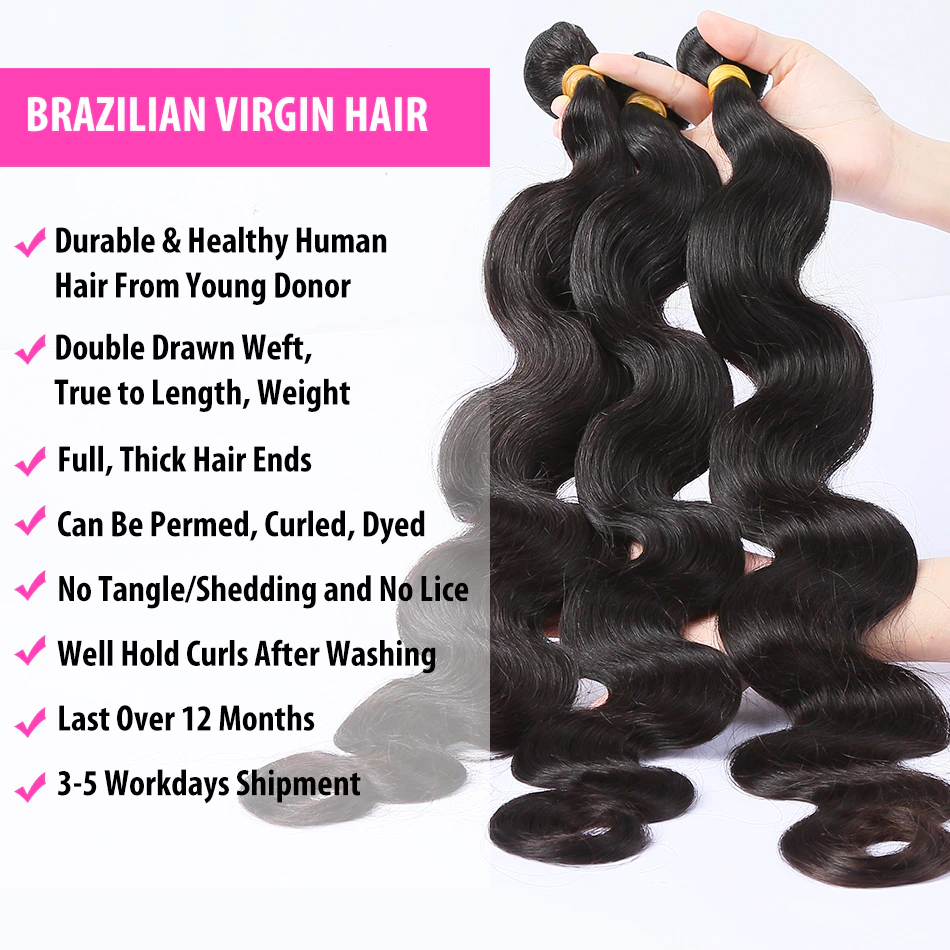(B1) Body Wave Bundles Human Hair 3 Bundles Natural Black Color Virgin Weave Bundles Hair Extensions