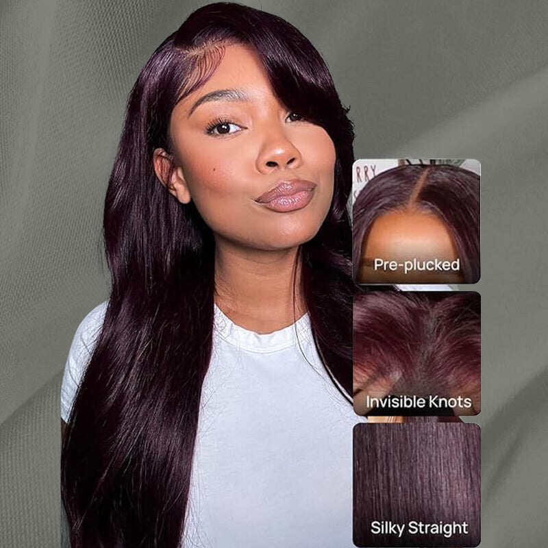 Black Cherry Dark Purple Sugar Plum Straight 13x6 HD Lace Front Wigs Human Hair Wigs