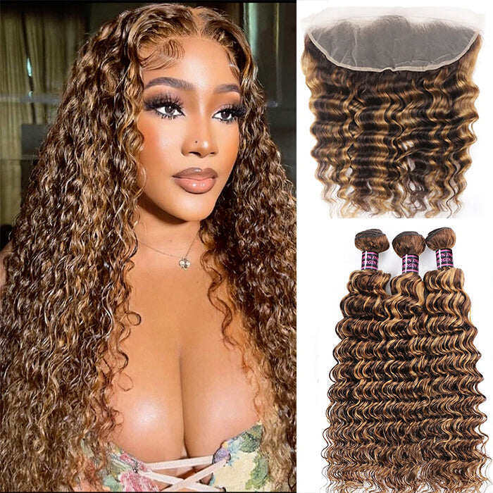 Highlight P4/27 Deep wave 3 Bundles With 13x4 Transparent Lace Frontal
