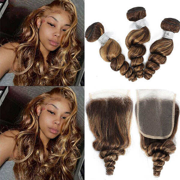 Highlight P4/27 Loose Wave 3 Bundles with HD Lace Ombre Brown Human Hair Bundles with 4X4 Closure