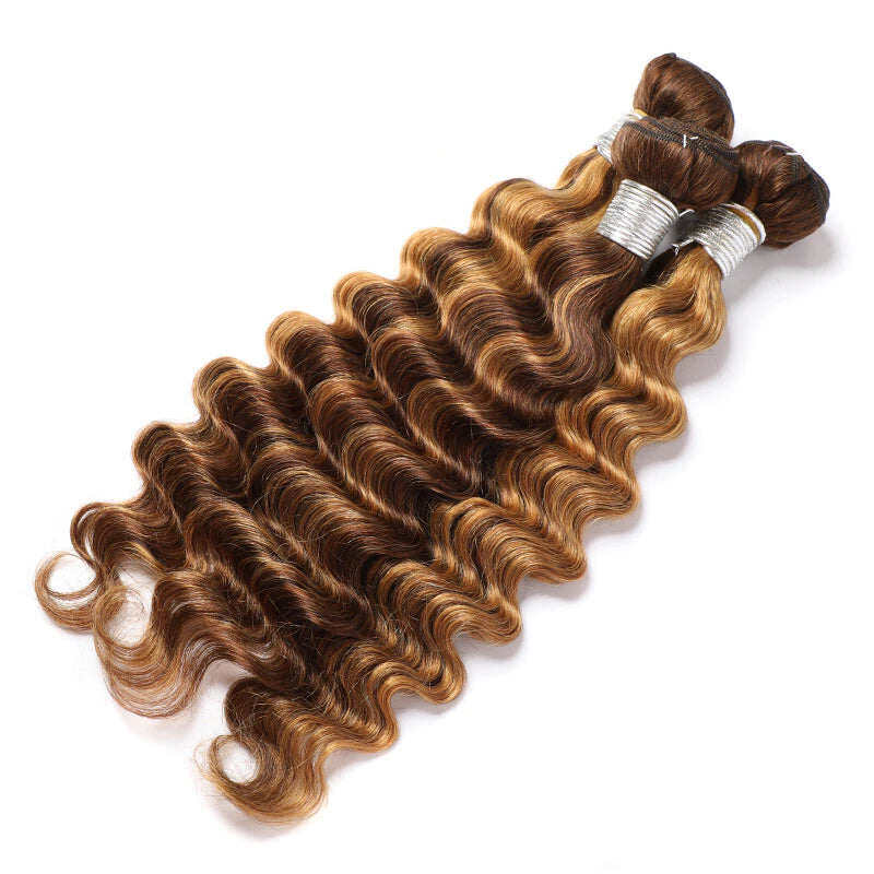 Highlight Loose Deep Wave 3 Bundles 30 Inch Human Hair Bundles P4/27 Ombre Brown Hair Extensions(No Code Need)