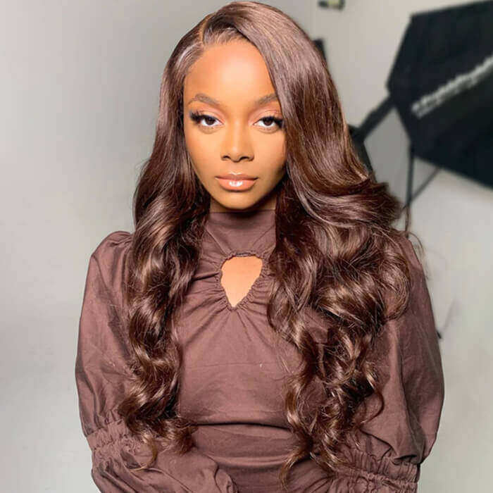 New Chocolate Brown Wig Body Wave 13x6 Full Lace Drawstring Wig Pre Plucked Natural Hairline 250% Density