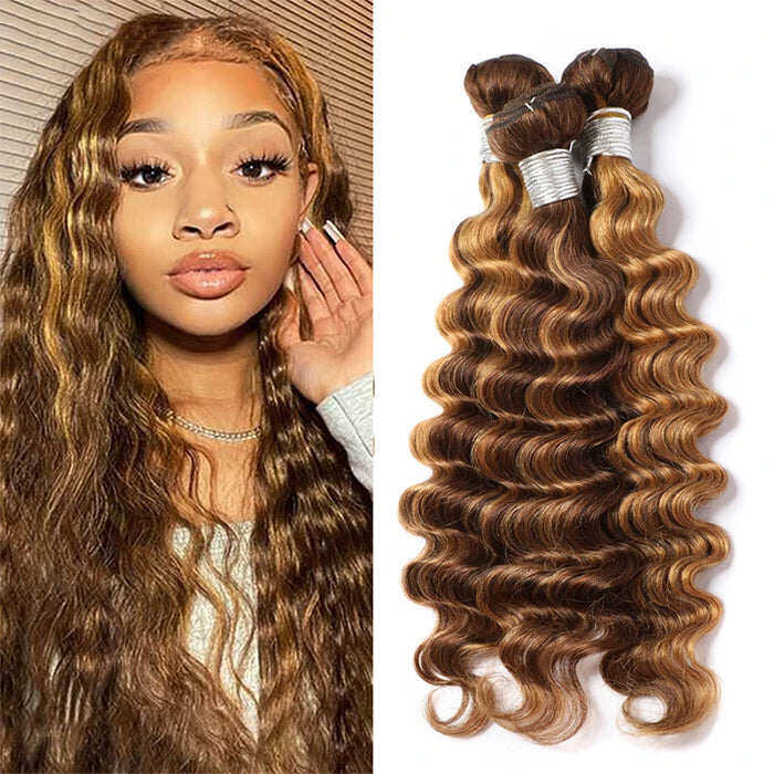 Highlight Loose Deep Wave 3 Bundles 30 Inch Human Hair Bundles P4/27 Ombre Brown Hair Extensions(No Code Need)