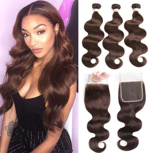 #4 Brown Body Wave 3 Bundles With 4X4 Lace Closure 100% virgin human hair