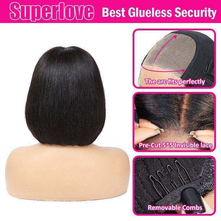 Glueless Max-cap Super Double Drawn 5X5 Straight BOB Wig 250% density