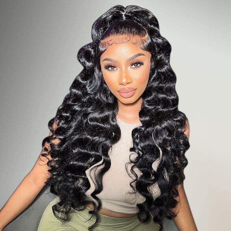 Loose Deep Wave Natural Black Hair 13x6 HD Lace Frontal Wig Wand Curls Human Hair Wigs