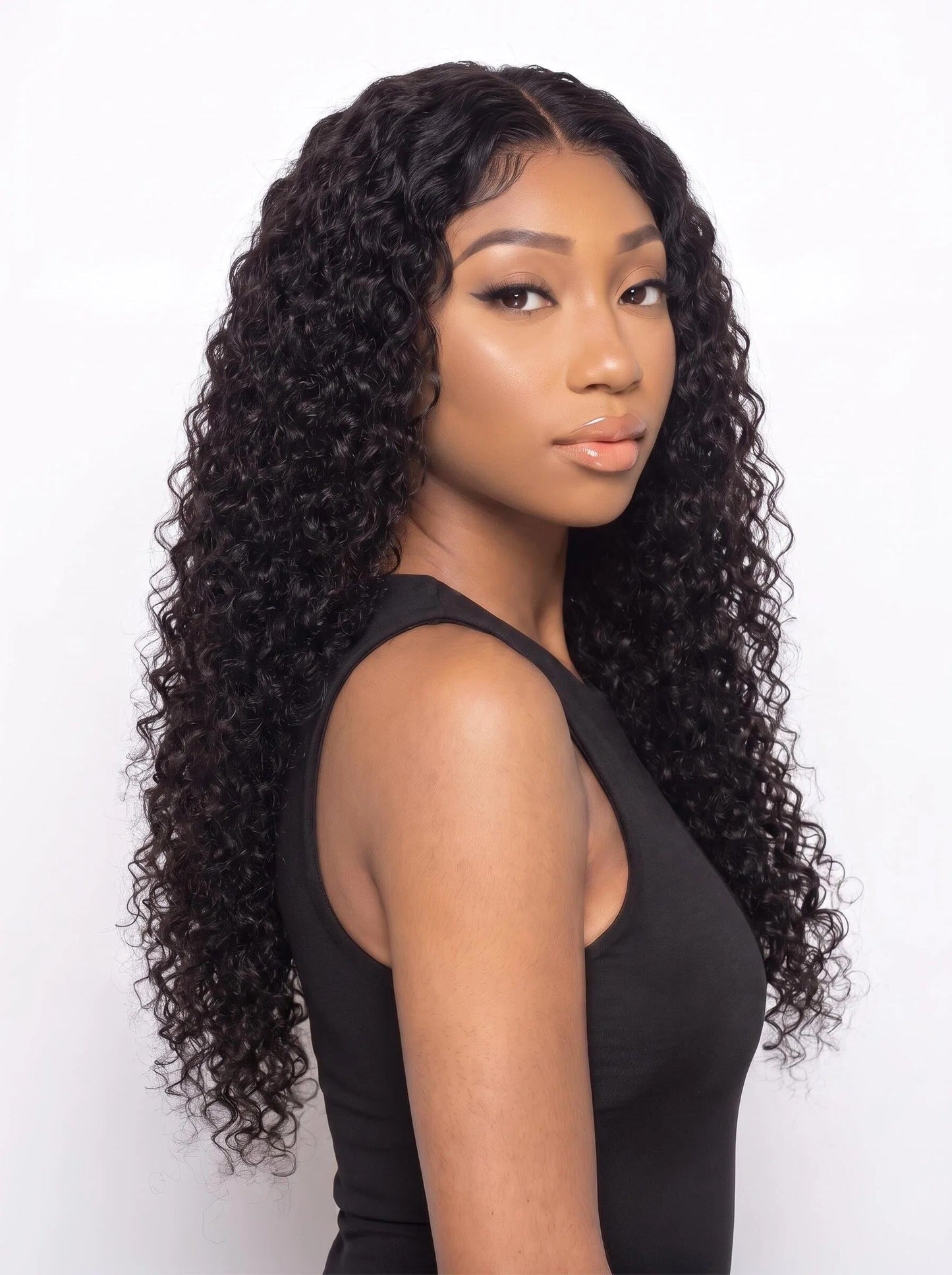 Luxury Deep Wave Lace Front Wig – Long Natural Black Human Hair Wig with Middle Part